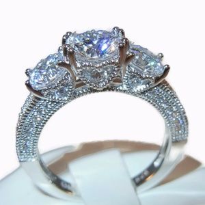 925 Sterling Silver CZ Three Stone Engagement Ring